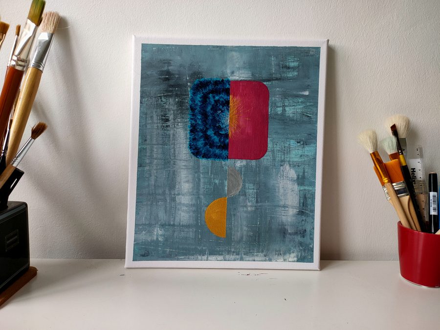 A grey-blue abstract with a deep red rectangle and an ochre half circle, in a white frame.