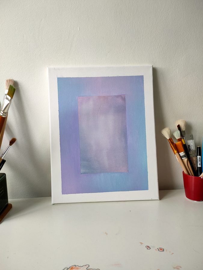 A soft rectangle of lilac and pink on white, in a white frame.